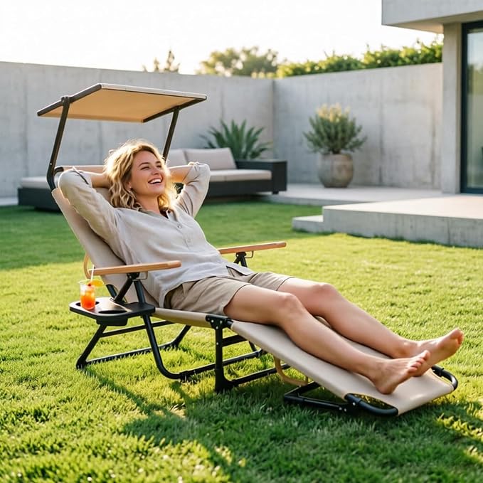 Folding Lounge Chair with Canopy, Tanning Chair with 4-Position Reclining Back, Folding Sun Lounger, Outdoor Lounge Chair for Beach, Poolside, Backyard, Camping, UPF 50+ Sun Shade, 300 LBS