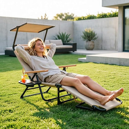Folding Lounge Chair with Canopy, Tanning Chair with 4-Position Reclining Back, Folding Sun Lounger, Outdoor Lounge Chair for Beach, Poolside, Backyard, Camping, UPF 50+ Sun Shade, 300 LBS