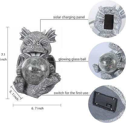 Garden Dragon Statue Solar Powered Outdoor Figurine Light Decor Cute and Hold Glowing Glass Ball Resin Sculpture Home Decoration for Porch Patio Lawn Farm Yard Housewarming Ornament Gift