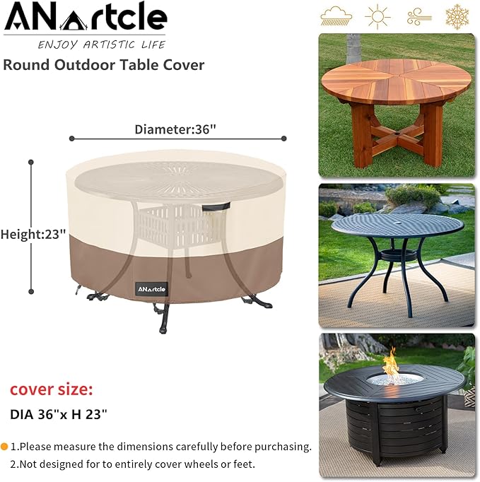 Round Patio Table Cover 36"DIA x 23"H, 100% Waterproof, Heavy Duty, Beige&Brown