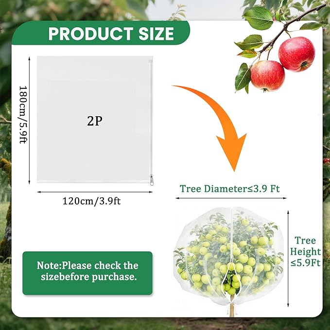 Bird Netting for Garden Protection, Fruit Tree Netting Bag with Zipper & Drawstring 2 Pack 3.9x5.9 Ft Reusable Garden Insect Netting Pest Barrier Mesh Cover for Vegetables,Bushes,Flowers and Plants