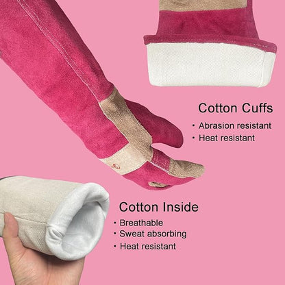 Welding Gloves for Men, Gardening Gloves Yard Work for Women, Long Sleeves Gloves for Rose Pruning, Thorn Proof, Fireproof and Heat Resistant (Rose Red, X-Small)