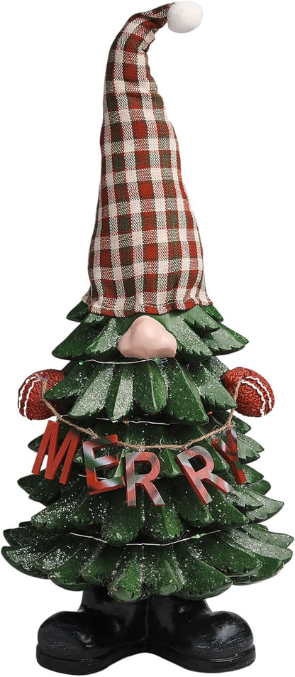 Alpine Corporation 28" Christmas Tree Merry Gnome Statues with Color Changing LED Lights, Holiday Decor