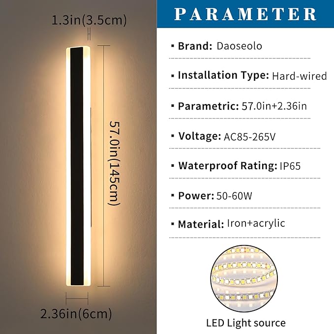 2 Pack Long LED Wall Light, 57inch Modern Wall Sconce, 50W, 3000K Warm White, IP65 Waterproof, White Acrylic, Outdoor Wall Mount Light Fixture for Patio, Garage, Entryway, Fence