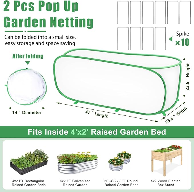 2PCS Garden Netting Covers for Raised Beds, 3.9 X 2FT Garden Raised Bed Cover with 10 Stakes, Plant Netting for Garden Protection, Insect Bird Pest Barrier for Vegetables Fruits Flowers Crops