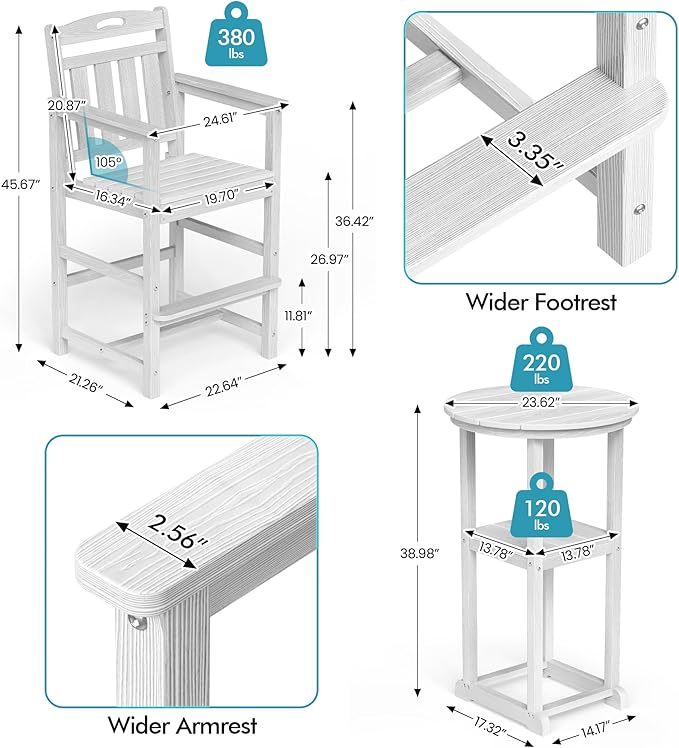 Ciokea Balcony Chairs and Table 3 Pieces Set, Outdoor High Top Bar Set, HDPE Oversized Adirondack Bar Chairs Set of 2 and Round Table for Outside Dining Bistro Poolside Backyard,