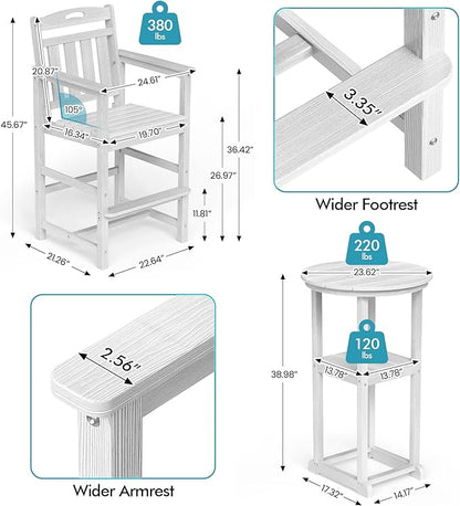 Ciokea Balcony Chairs and Table 3 Pieces Set, Outdoor High Top Bar Set, HDPE Oversized Adirondack Bar Chairs Set of 2 and Round Table for Outside Dining Bistro Poolside Backyard,