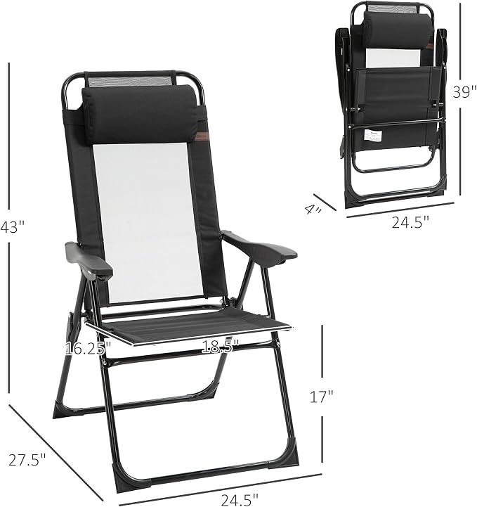 Outsunny Folding Patio Dining Chairs Set of 2, Outdoor Deck Chair with Adjustable Sling Back, Camping Chair with Removable Headrest for Garden, Backyard, Lawn, Black