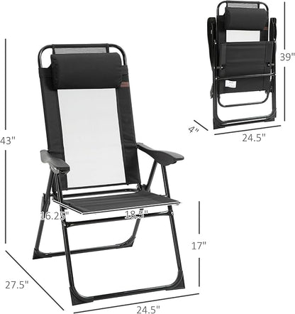 Outsunny Folding Patio Dining Chairs Set of 2, Outdoor Deck Chair with Adjustable Sling Back, Camping Chair with Removable Headrest for Garden, Backyard, Lawn, Black