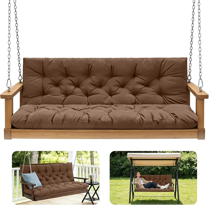 Porch Swing Cushions,Outdoor Cushions 3 Seater Replacement with Backrest, Waterproof Thickened Bench Cushion with Ties for Porch, Patio,Outdoor, Backyard and Garden (Coffee 40 * 40 in)