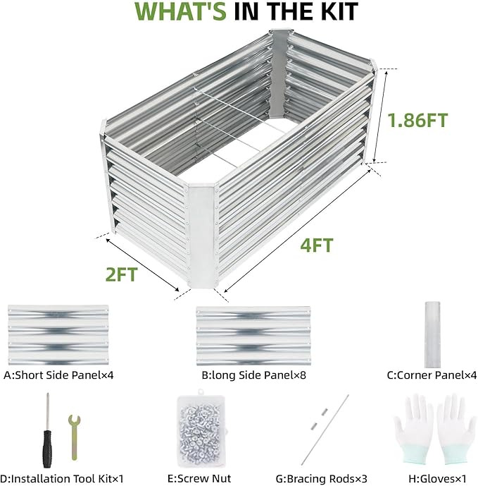 4x2x2ft (2 Pack) Raised Garden Bed - Galvanized Deep Root Planter Boxes Outdoor with Wing Nuts and Safety Edges for Gardening Vegetables, Flowers, Herbs, Succulents - Silver