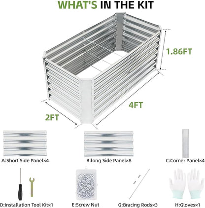 4x2x2ft (2 Pack) Raised Garden Bed - Galvanized Deep Root Planter Boxes Outdoor with Wing Nuts and Safety Edges for Gardening Vegetables, Flowers, Herbs, Succulents - Silver