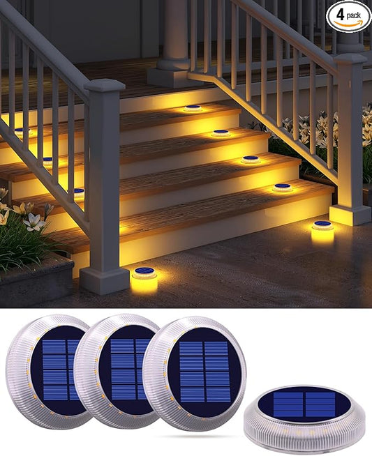 DetarZinLED Solar Step Lights Outdoor Waterproof, 4 Pack Warm White Flat Lights Solar Powered for Outside Stair, Deck, Dock, Pathway, Driveway, Ground