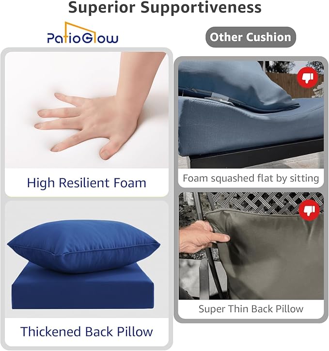 PatioGlow Outdoor Seat Cushion Set 24 x 24 x 4 Inch, Waterproof & Fade Resistant Patio Furniture Cushions with Removable Cover and Ties, Thick Deep Seating Pads for Outside Chair Sofa Couch, Blue