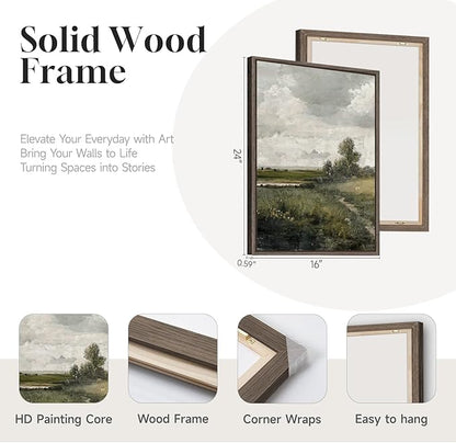 3 Piece Framed Vintage Landscape Canvas Wall Art Set, Large Green Tree and Floral Farmhouse Artwork for Walls, French Country Retro Nature Prints Paintings for Living Room Bedroom Fireplace Wall Decor