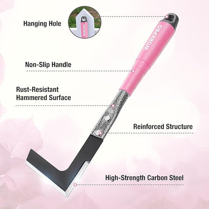 WORKPRO 6-Piece Pink Garden Tool Set, Heavy Duty Gardening Hand Tools with Soft Rubber Handle, Including Trowel, Rakes, 2-in-1 Hoe and Crack Weeder, Ideal Gardening Gifts for Men and Women