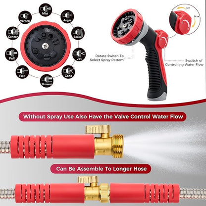 Stainless Steel Garden Hose 50ft, Heavy Duty Water Hose with 10 Functional Nozzles, No Kink, Lightweight and Flexible, Strong and Durable, Suitable for Outdoor,Yard and Lawn