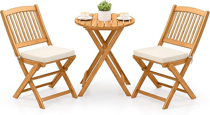 Tangkula 3 Pieces Acacia Wood Patio Folding Bistro Set, Outdoor Table and Chairs Set with Soft Cushions, Patio Furniture Set for Porch, Balcony, Garden, Deck and Backyard