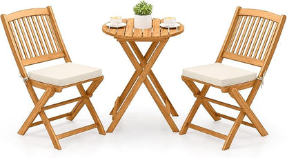 Tangkula 3 Pieces Acacia Wood Patio Folding Bistro Set, Outdoor Table and Chairs Set with Soft Cushions, Patio Furniture Set for Porch, Balcony, Garden, Deck and Backyard
