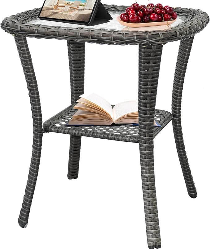 Outdoor Wicker Side Table,Double Rectangular Wicker Patio Table with Storage,All Weather Resin Rattan Patio Glass Coffee Desk for Garden,Backyard,Pool Indoor Companion