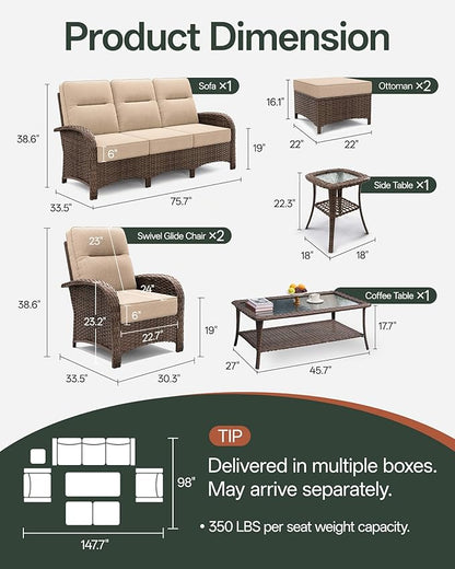 7-Piece Patio Furniture Set with 6-Inch Thick Cushions, High Back Outdoor Couch and Arm Chairs, All-Weather Conversation Set for Porch, Deck, Yard, Pool in Beige