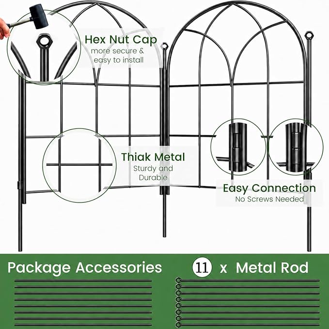 Youpehom Decorative Garden Fence, Large 10 Panels, 31.9 in H x 24.1 ft L No Dig Metal Border Fencing with Stakes, Animal Barrier for Dogs Rabbits, Flower Beds Yard, Black