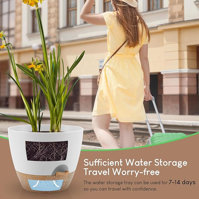 Plant Pots 10/9/8/7.5/7 inch, Self Watering Planters with Drainage Holes & Saucers for Indoor and Outdoor Plants (White)