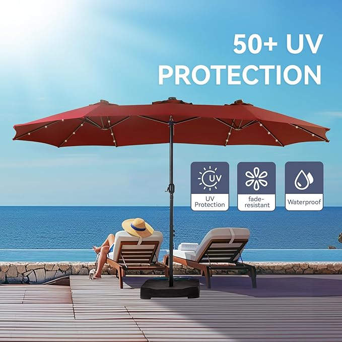 GREEN PARTY 15 ft Rectangle Patio Umbrella with Solar Lights and Base Included, Double-Sided Market Table Umbrella with Crank, Large Outdoor Umbrellas for Patio Poolside Garden Backyard, Burgundy Red