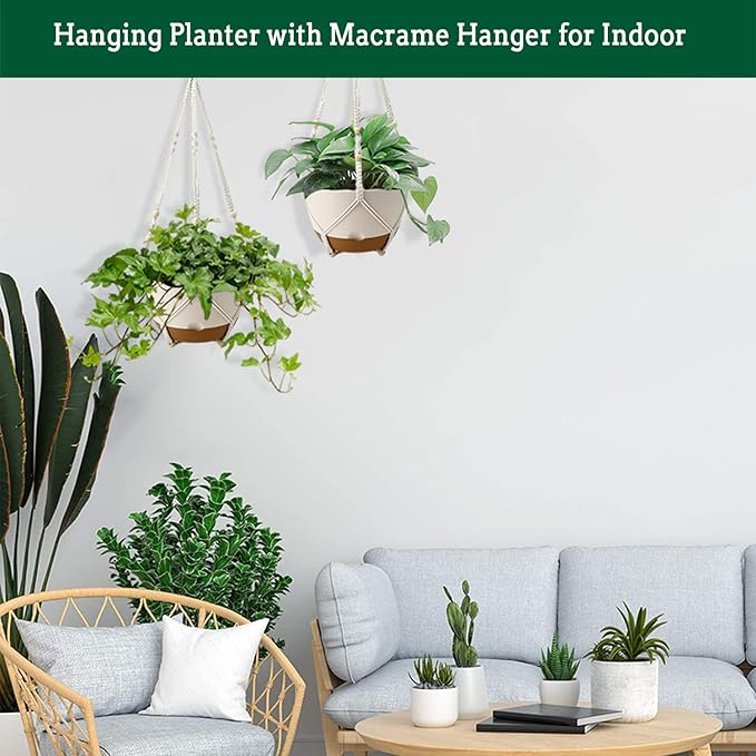 Hanging Planters for Indoor Plants, 2 Pack 10 Inch Self Watering Pots with Macrame Plant Hanger, Hanging Baskets Holder for Outdoor Garden Home Ceiling Window Decor