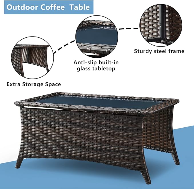 HUMMUH 4 Piece Patio Conversation Furniture Set PE Wicker Rattan Outdoor Loveseat Sofa,Patio Chairs,Coffee Table for Garden,Poolside,Backyard,Deck