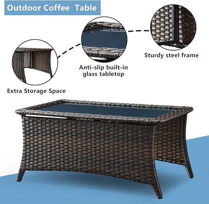 HUMMUH 4 Piece Patio Conversation Furniture Set PE Wicker Rattan Outdoor Loveseat Sofa,Patio Chairs,Coffee Table for Garden,Poolside,Backyard,Deck
