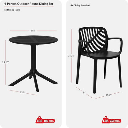Costaelm 4 Person Dining Table Set, HDPE Patio Round Dining Table and Stackable Chair, Kitchen & Dining Room Sets All Weather for Backyard Porch Poolside, Black