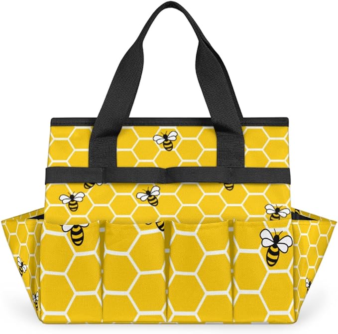 Garden Tote Bag with Pockets Honey Bees Gardening Bags for Tools Organizer Heavy Duty Storage Bag with Handle for Lawn Yard Casual