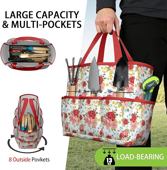 Floral Garden Tool Bag - Waterproof Garden Tote with 8 Pockets, Large Storage Home Organizer Gardening Tool Oxford Bag for Garden Tools Kits Holder, Ideal Outdoor Gardening Gift for Women & Men