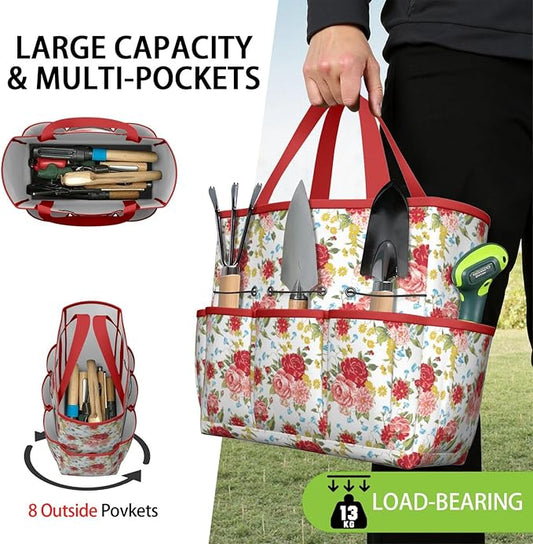 Floral Garden Tool Bag - Waterproof Garden Tote with 8 Pockets, Large Storage Home Organizer Gardening Tool Oxford Bag for Garden Tools Kits Holder, Ideal Outdoor Gardening Gift for Women & Men
