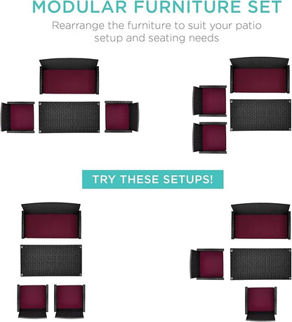 Best Choice Products 4-Piece Outdoor Wicker Patio Conversation Furniture Set for Backyard w/Coffee Table, Seat Cushions - Black/Deep Burgundy