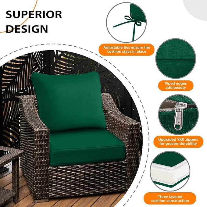 Sundale Outdoor Olefin Deep Seat Cushion, Patio Chair Cushion and Pillow, Water-Resistant Sectional Sofa Pad with Straps Dark Green, 24 x 24 x 6 Inches