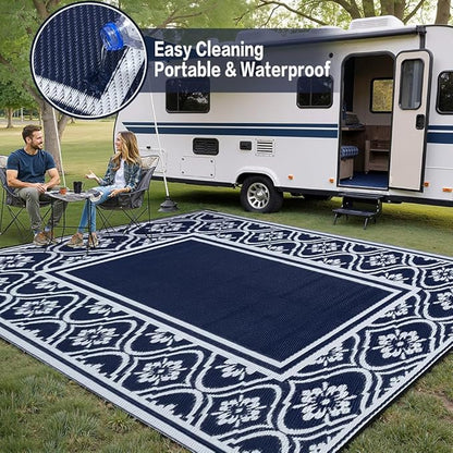 HUGEAR Outdoor Rug 8x10 Patio Camping Carpet Waterproof Mat Blue Outside Plastic Area Rug Reversible Rugs for RV Deck Entryance Porch Picnic Balcony Beach(8x10ft Navy Blue&White)