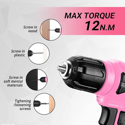 DEKOPRO Drill Set, Home Tool Set with 8V Pink Cordless Drill, Hand Tool Kit for Women, 126 pcs