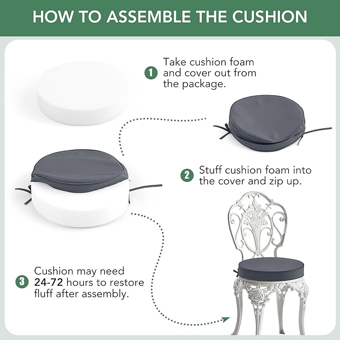 Summsun Outdoor Bistro Chair Cushions Set of 2, 15" D x 3" H Round Chair Cushions Waterproof and Fade Resistant Chair Cushion Pads with Non-Slip Ties and Removable Covers for Garden, Dark Grey
