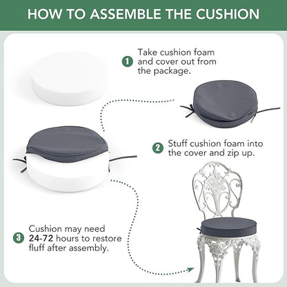 Summsun Outdoor Bistro Chair Cushions Set of 2, 15" D x 3" H Round Chair Cushions Waterproof and Fade Resistant Chair Cushion Pads with Non-Slip Ties and Removable Covers for Garden, Dark Grey