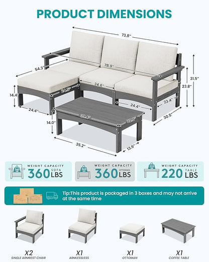 SERWALL 5-Piece Patio Sofas with 15FT Double Side Patio Umbrella, All-Weather HDPE Outdoor Sectional Sofa, Large Modular Patio Conversation Set for Garden, Deck, Porch, Grey Frame with Khaki Cushion