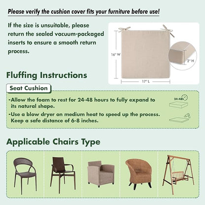 MIULEE Beige Outdoor Chair Cushions Set of 2, 17x16x2 Inch Waterproof Patio Seat Cushions for Outdoor Furniture Couch Sofa, 3 Year Color Fastness High Density Foam with Adjustable Ties