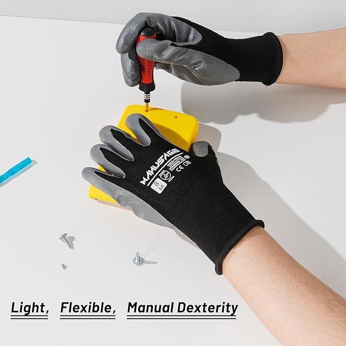 Safety Work Gloves, Nitrile Work Gloves For Men and Women, Work Gloves With Touchscreen Fingers, Work Gloves men, Men's work gloves with grip,mechanics gloves (Size L, Black, 3-pairs)