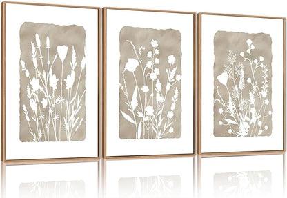 FWIEXA Neutral Botanical Canvas Wall Art Set 3, Minimalist Boho Wildflowr Framed Prints, Beige Floral Paintings, 16x24In Rustic Plant Artwork Poster for Farmhouse, Gift, Living Room, Bedroom, Office