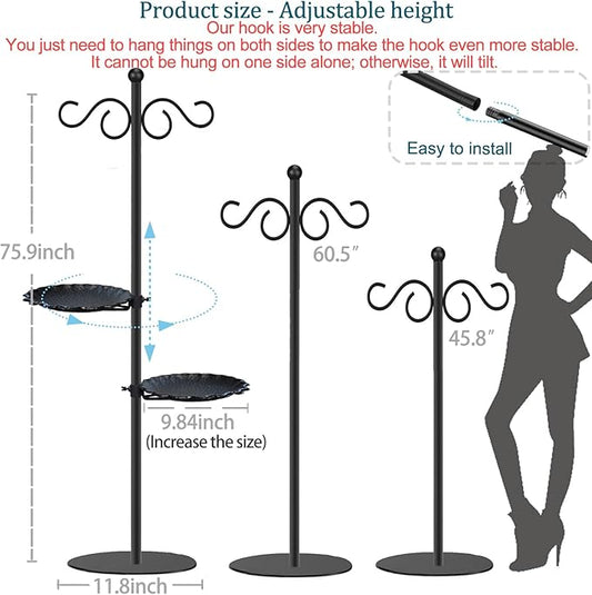 Upgraded 74" Shepherd's Hook for Bird Feeder，Floor Hanging Plant，Wind Chime Stand, Waterproof Metal & Adjustable-Height Standing Pole Holder for Lantern and Wreath, Indoor & Outdoor（2 Placement Racks)