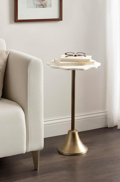 Kate and Laurel Sanzo Modern Round Side Table, 14 x 14 x 24, White Marble and Antique Brass, Decorative Circle End Table with Scalloped Marble Tabletop for Indoor Plant Stand or Bedroom Nightstand