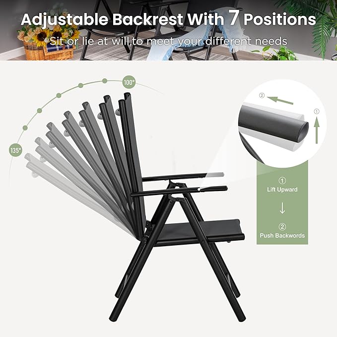 PHI VILLA 5 Piece Outdoor Dining Set with 10ft Umbrella (Navy Blue), Patio Table and Chairs for 4 with Lightweight Folding Dining Chairs & Metal Square Dining Table for Yard, Garden and Deck