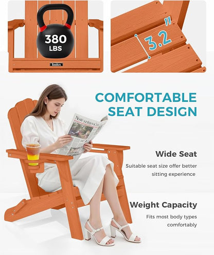 Adirondack Chairs Set of 6, Fire Pit Chairs, Wood Texture Patio Chairs with 2 Cup Holder, Outdoor Lawn Chair, Orange