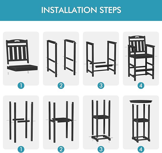 Ciokea Balcony Chairs and Table 3 Pieces Set, Outdoor High Top Bar Set, HDPE Oversized Adirondack Bar Chairs Set of 2 and Round Table for Outside Dining Bistro Poolside Backyard, Black